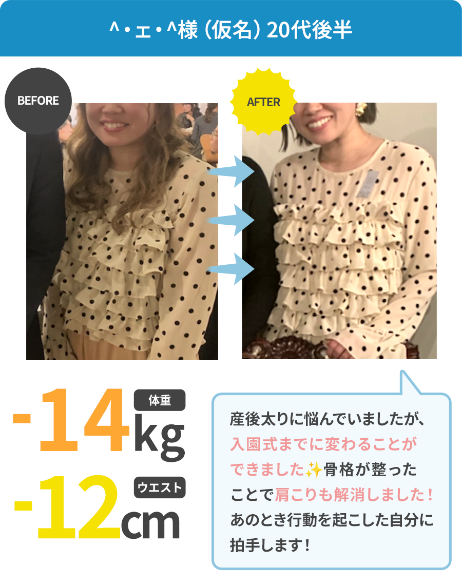 ^・ェ・^様（仮名）20代後半 体重-14kg ウエスト-14kg